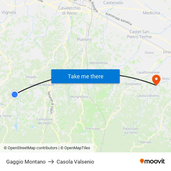 Gaggio Montano to Casola Valsenio map