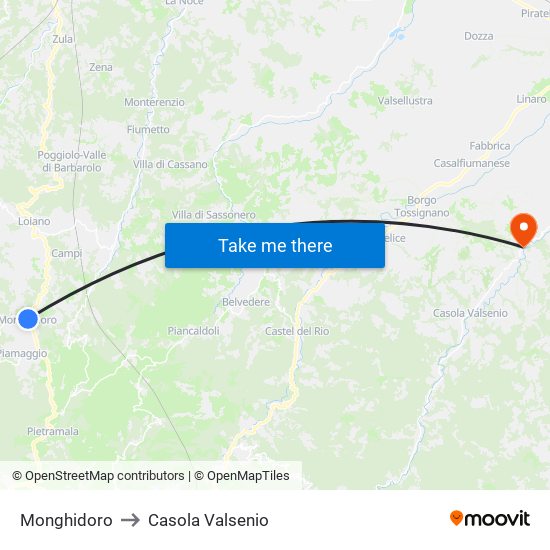 Monghidoro to Casola Valsenio map