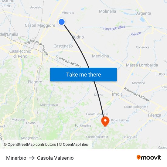 Minerbio to Casola Valsenio map