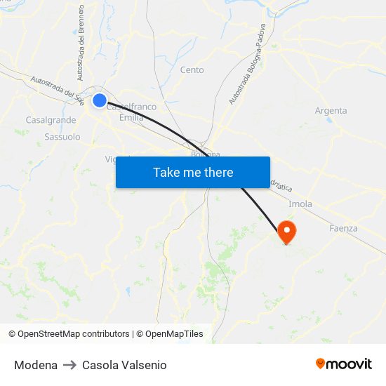 Modena to Casola Valsenio map