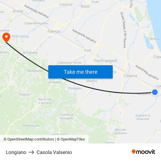Longiano to Casola Valsenio map