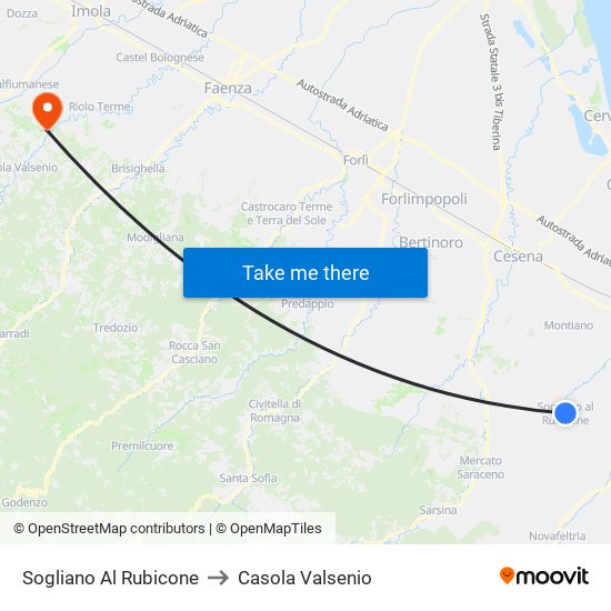 Sogliano Al Rubicone to Casola Valsenio map