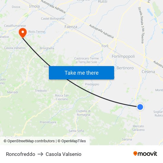 Roncofreddo to Casola Valsenio map
