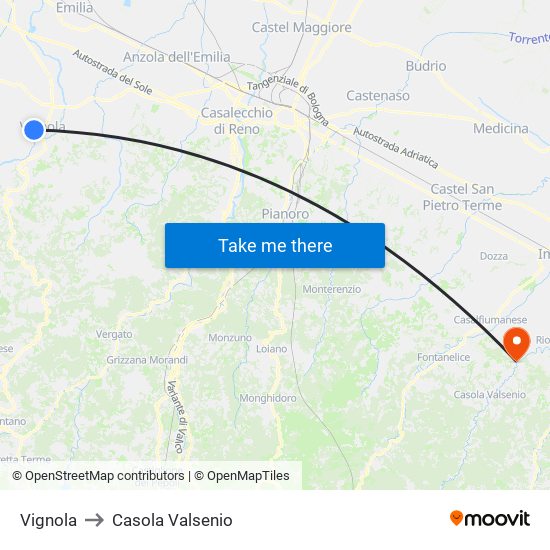 Vignola to Casola Valsenio map