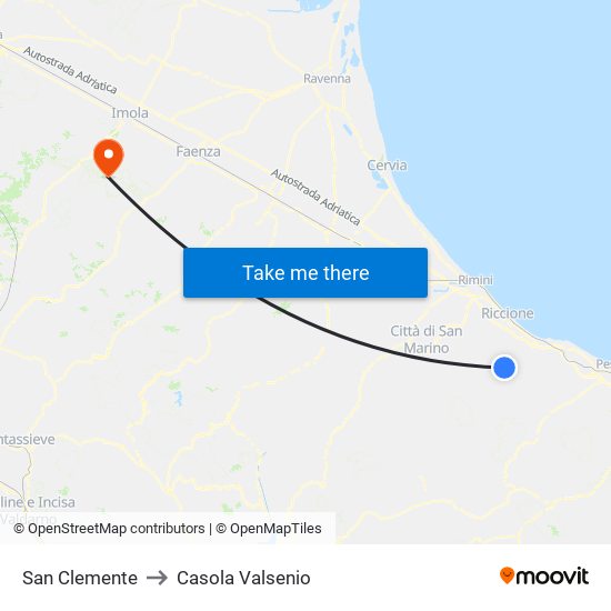 San Clemente to Casola Valsenio map