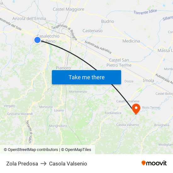 Zola Predosa to Casola Valsenio map