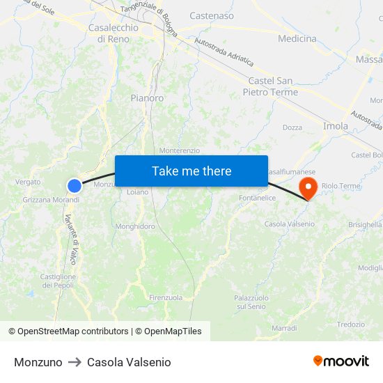 Monzuno to Casola Valsenio map