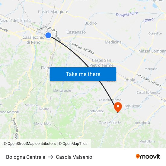 Bologna Centrale to Casola Valsenio map