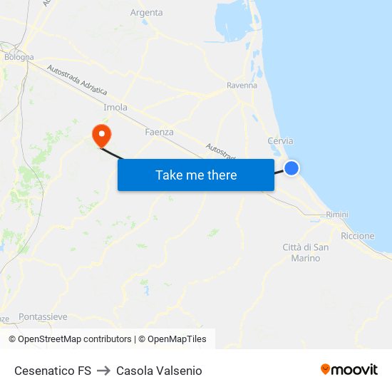 Cesenatico FS to Casola Valsenio map