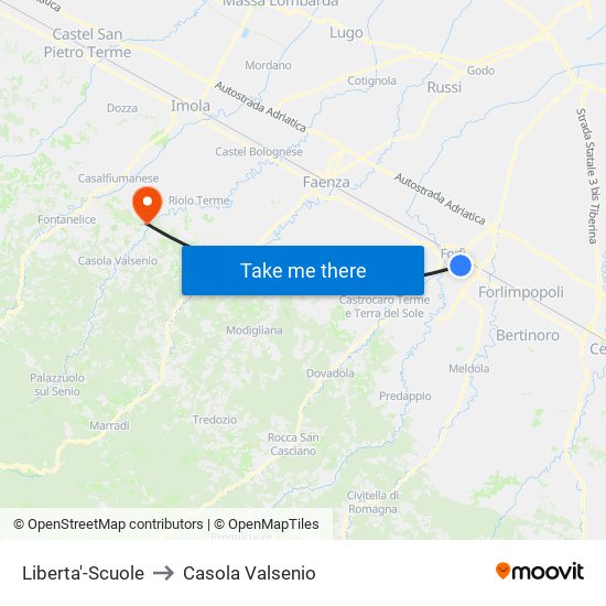 Liberta'-Scuole to Casola Valsenio map
