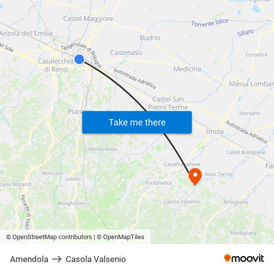Amendola to Casola Valsenio map