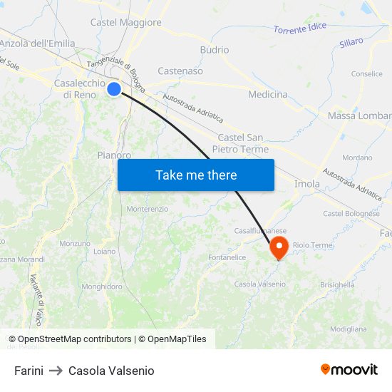 Farini to Casola Valsenio map