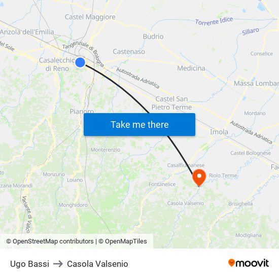 Ugo Bassi to Casola Valsenio map