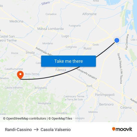 Randi-Cassino to Casola Valsenio map