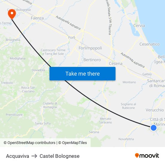 Acquaviva to Castel Bolognese map