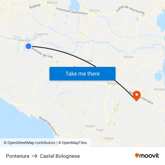 Pontenure to Castel Bolognese map