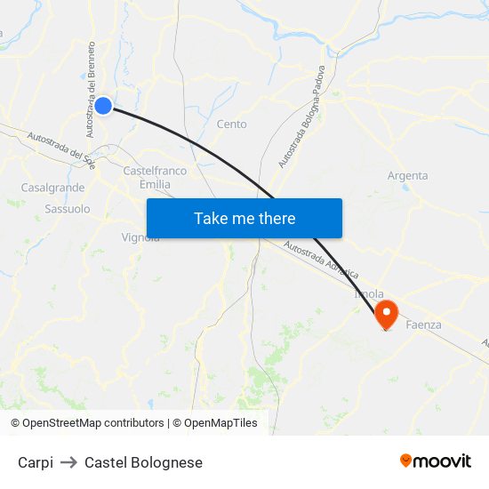Carpi to Castel Bolognese map