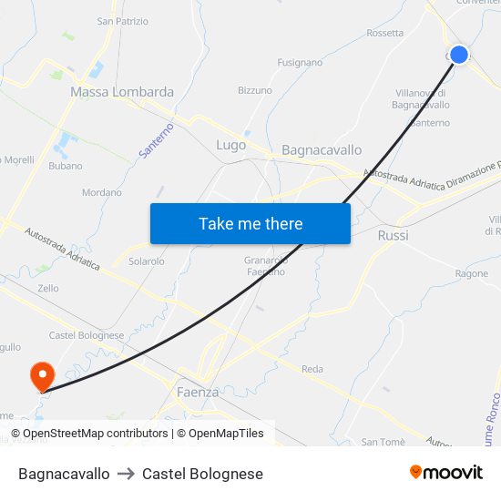 Bagnacavallo to Castel Bolognese map