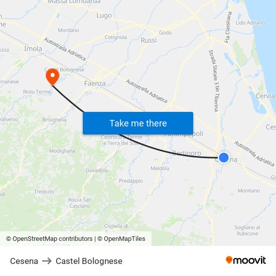 Cesena to Castel Bolognese map