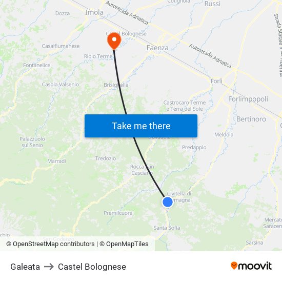 Galeata to Castel Bolognese map