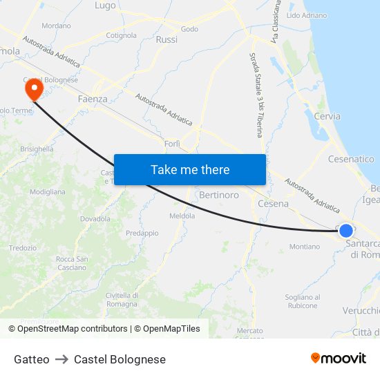 Gatteo to Castel Bolognese map