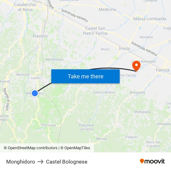 Monghidoro to Castel Bolognese map