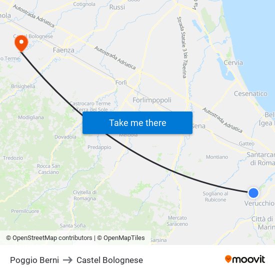 Poggio Berni to Castel Bolognese map