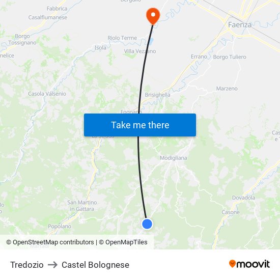 Tredozio to Castel Bolognese map