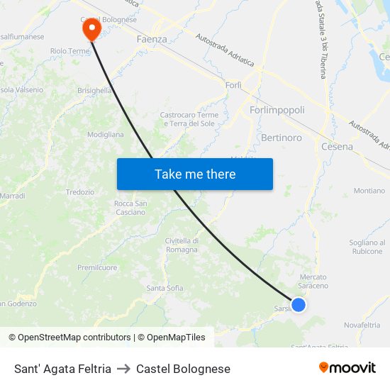 Sant' Agata Feltria to Castel Bolognese map