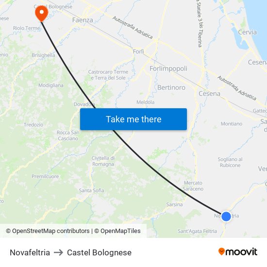 Novafeltria to Castel Bolognese map