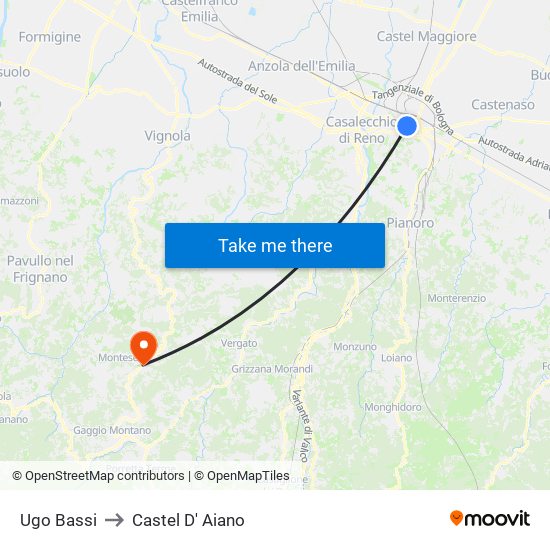 Ugo Bassi to Castel D' Aiano map