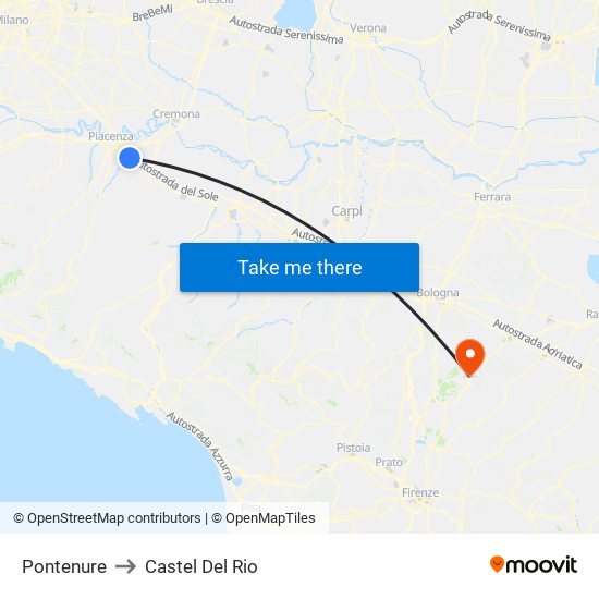 Pontenure to Castel Del Rio map