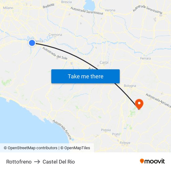 Rottofreno to Castel Del Rio map