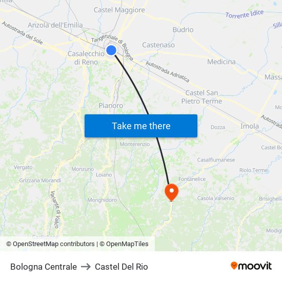 Bologna Centrale to Castel Del Rio map
