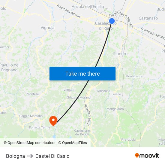 Bologna to Castel Di Casio map