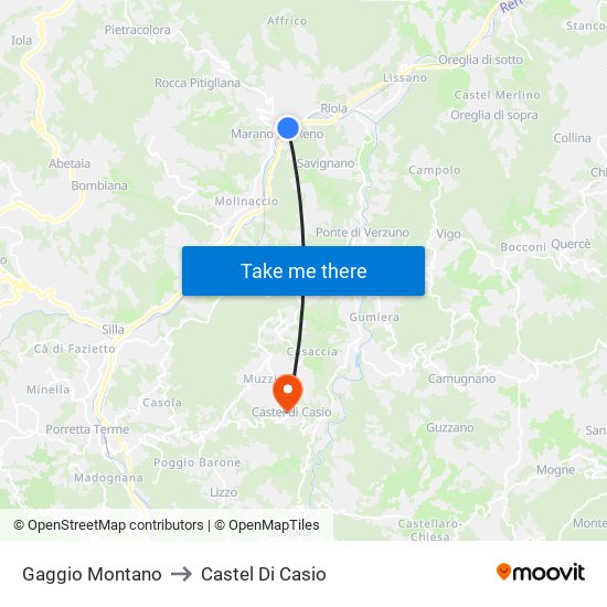 Gaggio Montano to Castel Di Casio map