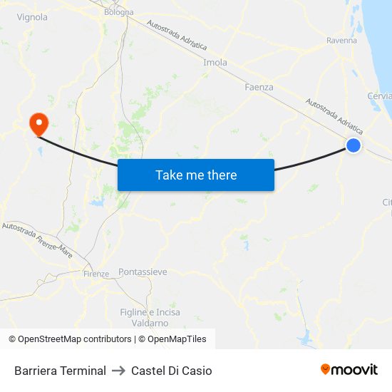 Barriera Terminal to Castel Di Casio map