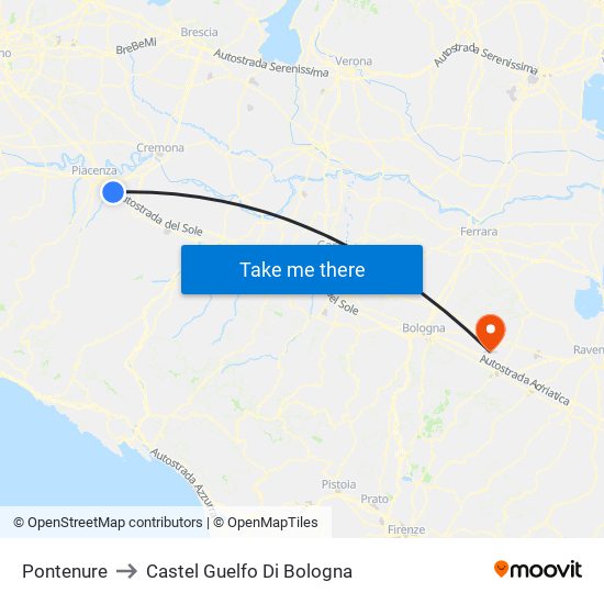 Pontenure to Castel Guelfo Di Bologna map