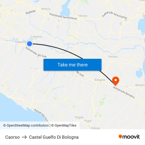 Caorso to Castel Guelfo Di Bologna map