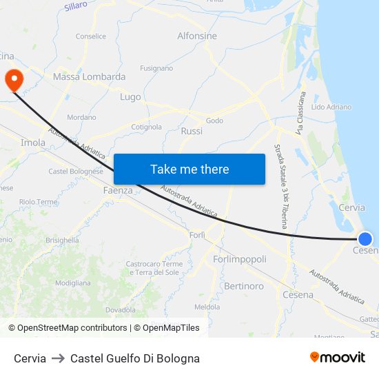 Cervia to Castel Guelfo Di Bologna map