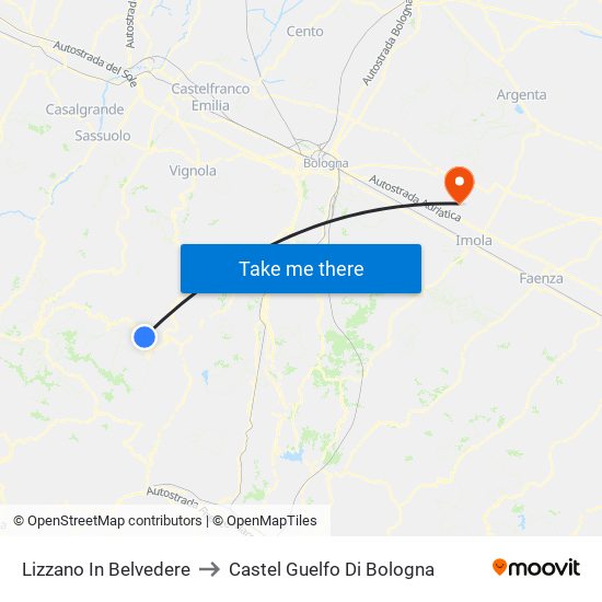 Lizzano In Belvedere to Castel Guelfo Di Bologna map