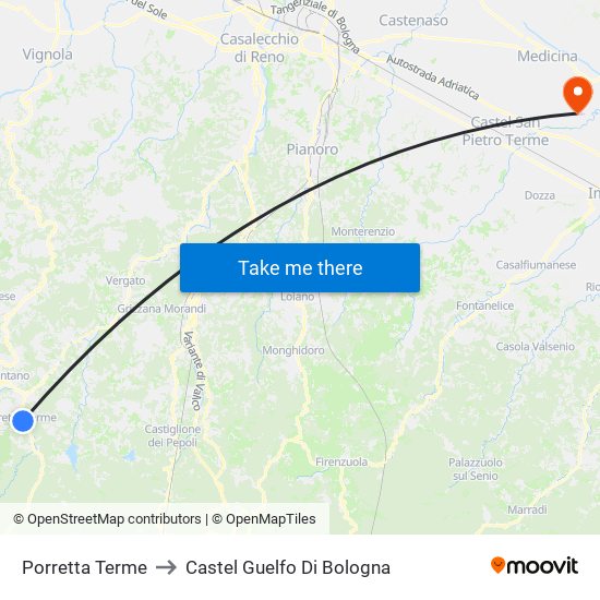 Porretta Terme to Castel Guelfo Di Bologna map