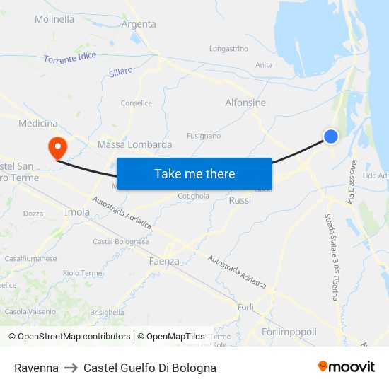 Ravenna to Castel Guelfo Di Bologna map