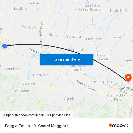 Reggio Emilia to Castel Maggiore map