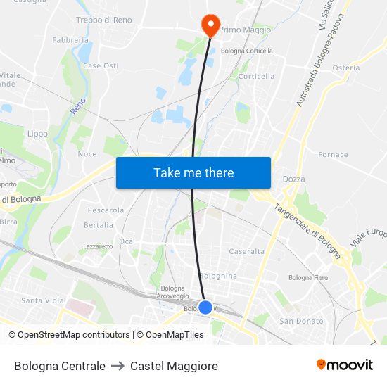 Bologna Centrale to Castel Maggiore map