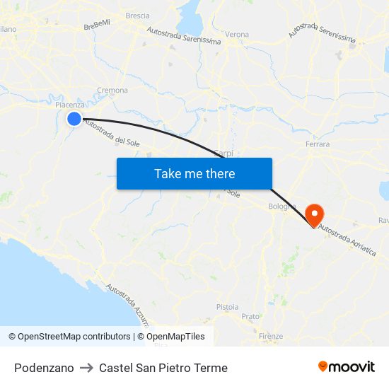 Podenzano to Castel San Pietro Terme map