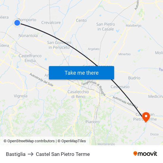 Bastiglia to Castel San Pietro Terme map