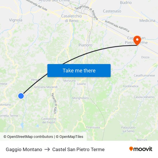 Gaggio Montano to Castel San Pietro Terme map