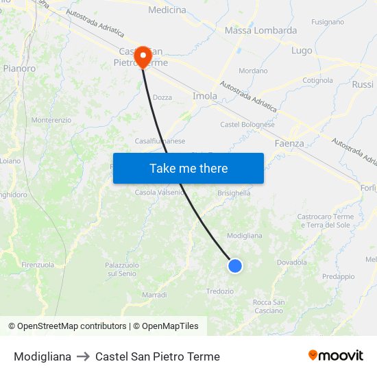 Modigliana to Castel San Pietro Terme map