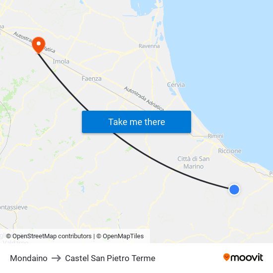 Mondaino to Castel San Pietro Terme map